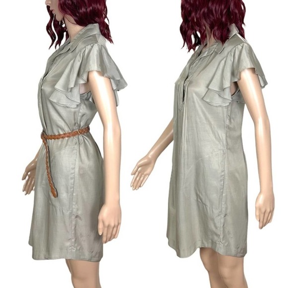 Ali Ro Womens Pleated Shirt Dress size 2 Khaki Taupe Ruffle Sleeve Knee Length - Picture 3 of 12